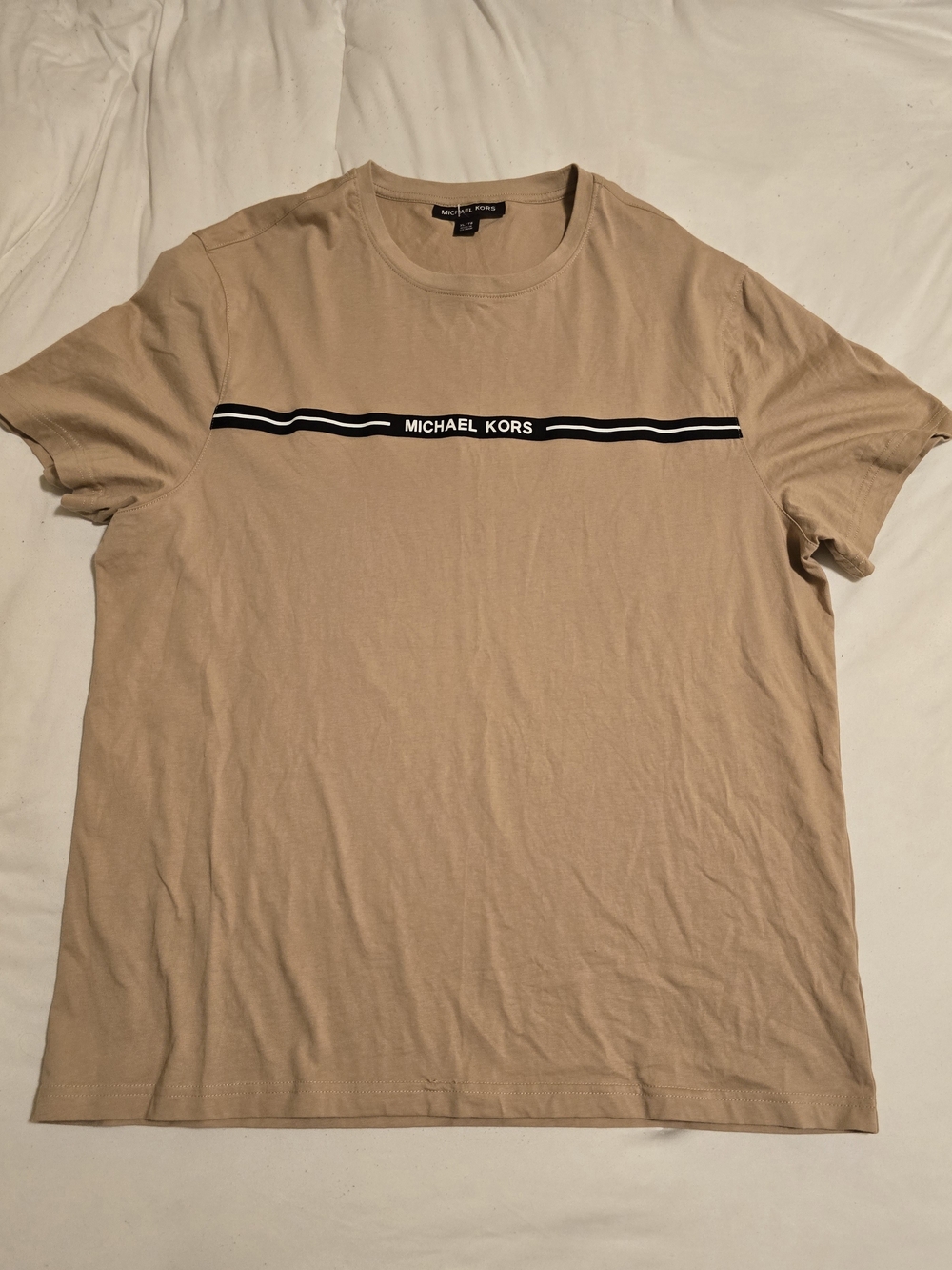 Michael Kors Sand Short-Sleeve Logo Tee with Black-White Chest Stripe